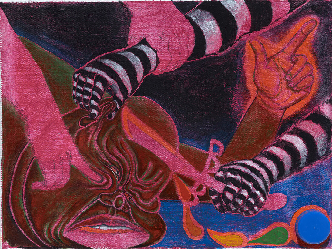 Trenton Doyle Hancock, Skullduggery, 2014, acrylic an mixed media on canvas, 30.5 x 22.9 x 2.54 cm, Image courtesy of Hales Gallery, London. Copyright Trenton Doyle Hancock