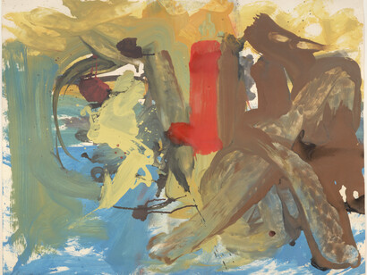 Helen Frankenthaler, Shore Figure (detail), 1959. Oil on paper, 22 x 28 1/4 inches (55.9 x 71.8 cm) © 2023 Helen Frankenthaler Foundation, Inc./Artists Rights Society (ARS), New York. Photo by Owen Conway. Courtesy of Gagosian