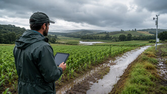 Um homem acompanha as condições de uma lavoura de milho após chuvas intensas, enquanto uma estação meteorológica se destaca ao fundo. O monitoramento climático e o planejamento antecipado estão entre as estratégias recomendadas pela Embrapa para reduzir os riscos do El Niño sobre a agropecuária