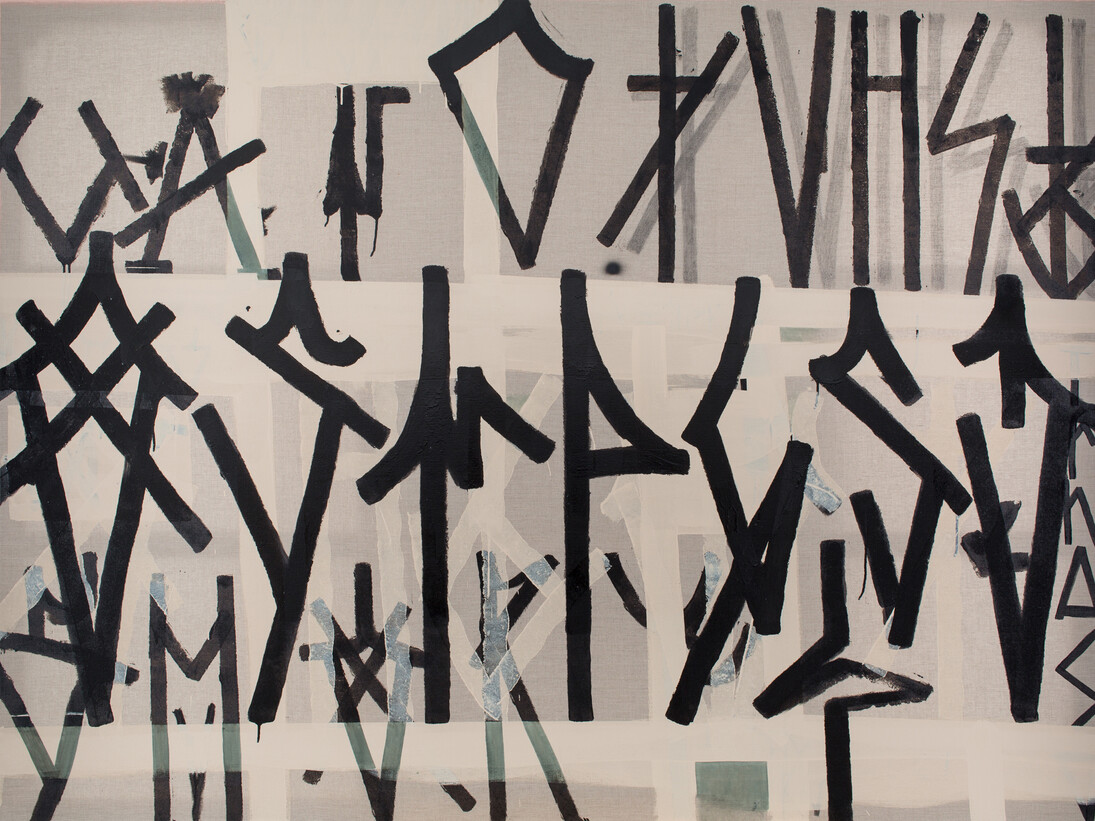 Caragh Thuring, Tar Map, 2015, bitumen, gesso, acrylic, oil, graphite on linen, 72 x 96 in. / 182.9 x 243.8 cm