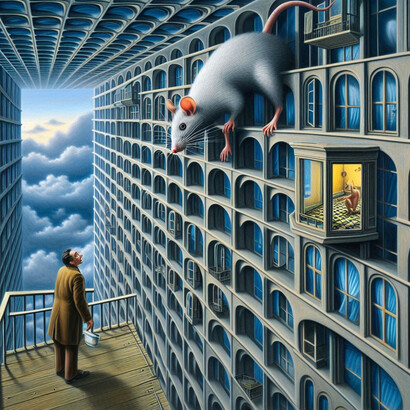 Un hombre en una sala surrealista mira hacia una pared de ventanas, de la que sale una rata blanca enorme y que cuenta con un balcón con alguien dentro. Obra de los autores del artículo