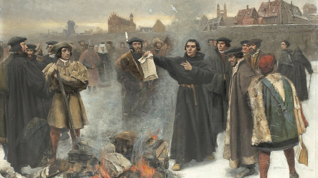 Pintura  Wittenberg: Lutero queima a bula papal na praça, 1520. O secularismo foi um dos grandes movimentos intelectuais da modernidade, de fato a civilização contemporânea é a primeira cultura na história que não se baseia na religião para conseguir legitimidade 