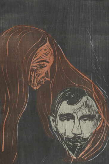 Edvard Munch, Man's Head in Woman's Hair, 1896, color woodcut, National Gallery of Art, Washington, Rosenwald Collection, 1944.14.60