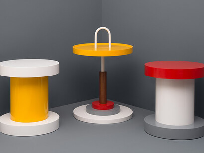 Epiforma, Small Table & Two Stools
small table: lacquered MDF, solid oak wood, aluminium, 62 x 45 x 45cm. stools: lacquered MDF, acrylic, 45.2 x 40 x 40 cm (each), courtesy of Gallery Elena Shchukina
