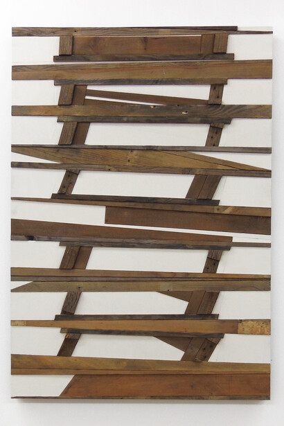 Michael Zelehoski, Chutes and Ladder, 2013, Assemblage with ladder and found wood, 114 x 78 cm 
