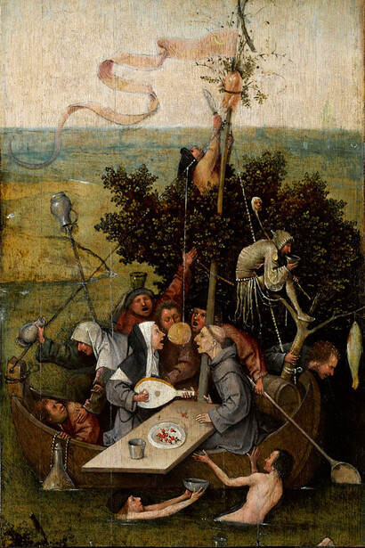 Jérôme Bosch. La Nef des fous, 1500-1510 (?). Huile sur panneau, 58 × 33 cm. Musée du Louvre, Paris 