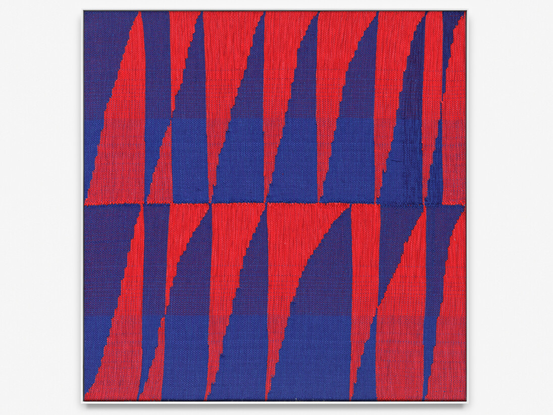 Brent Wadden,  RED/BLUE #2,  2014,  Painting - Handwoven fibers, wool, cotton and acrylic on canvas,  39.57 by 40.75 in. 100.5 by 103.5 cm, Courtesy of Almine Rech Gallery; Peres Projects, Berlin and Mitchell-Innes & Nash, NY.