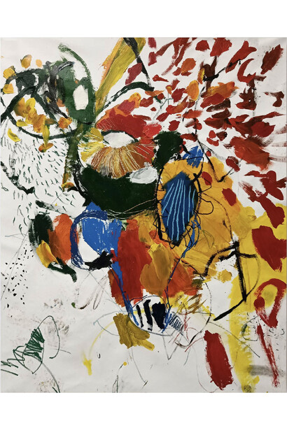 Luis Olaso, Composition for a jug and sunflowers, 2023, oil, acrylic, oil bar and oil pastel on canvas, 150x120 cm. Courtesy the artist and JD Malat Gallery