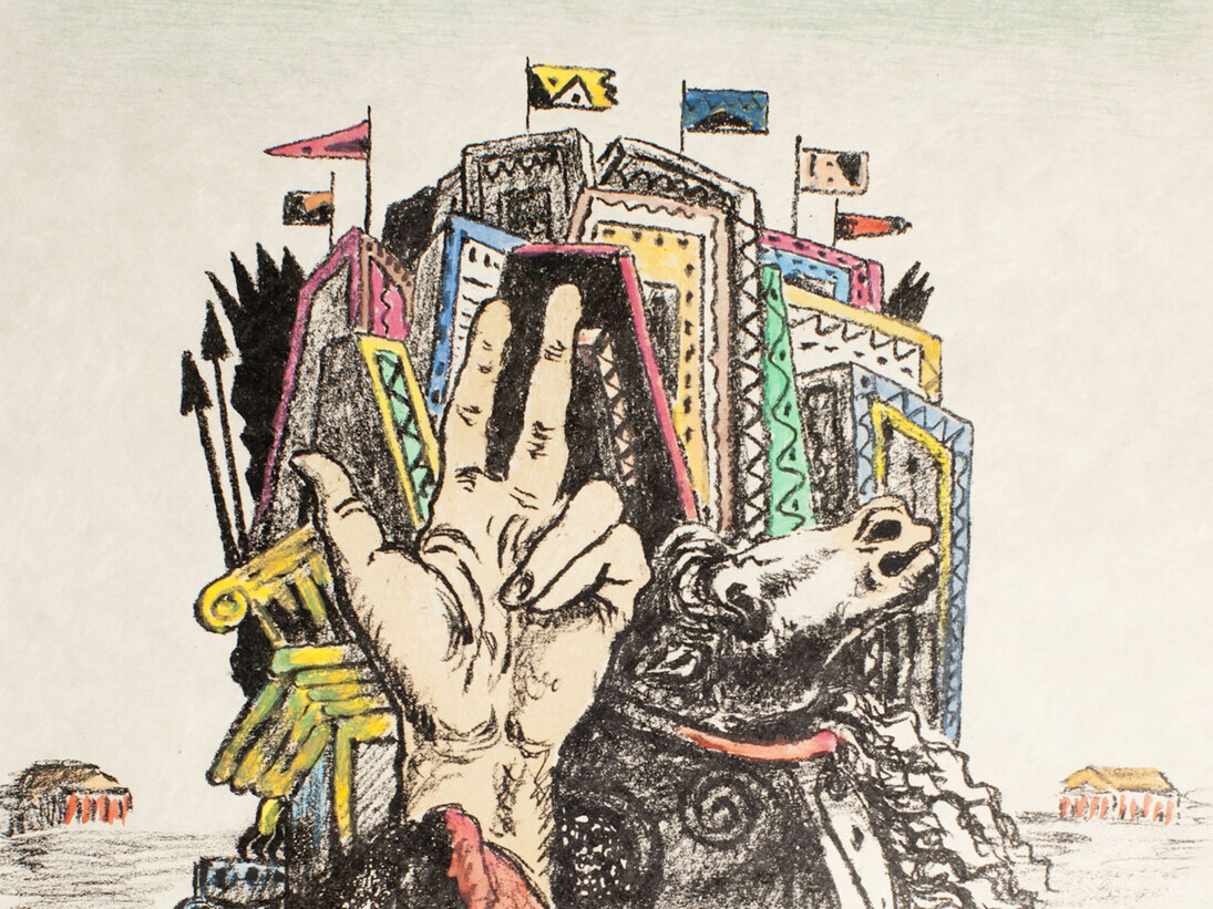 Giorgio de Chirico, Trofeo, 1969. Litografia colorata a mano dall'artista. Courtesy of 29 Arts in Progress gallery