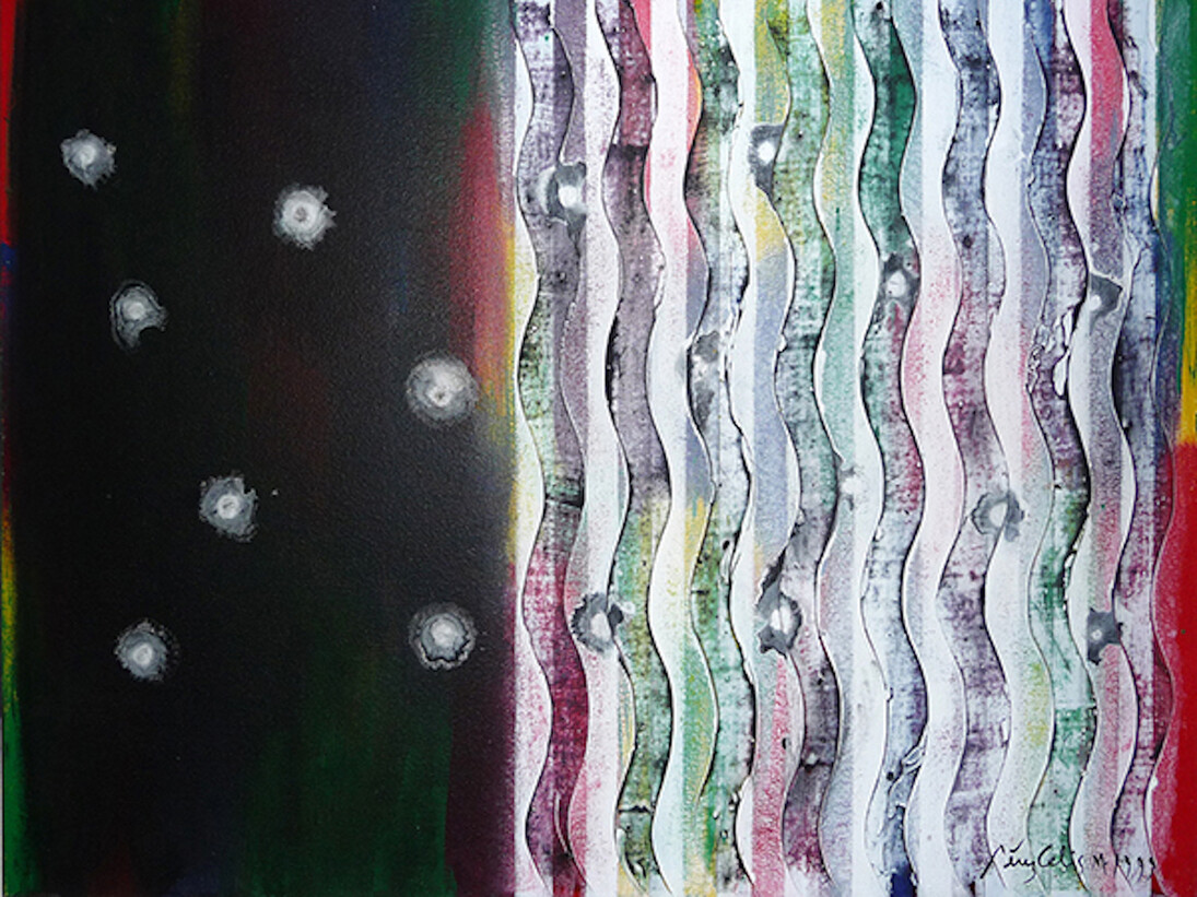 Perez Celis, Aureolas, Miami 1999, Mixed Media, 28" x 36". Courtesy of The Anita Shapolsky Gallery
