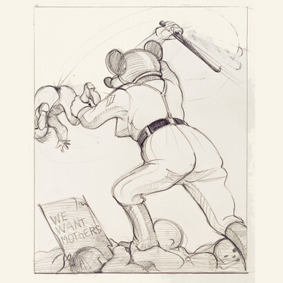 Tomi Ungerer, Untitled (We want mothers), 1977‐1979 (drawing for Babylon, first published 1979 at Diogenes Verlag AG, Zürich), Black grease pencil on paper, 15 7/10 x 11 4/5 inches (40 x 30 cm). Collection Musée Tomi Ungerer – Centre international de l’Illustration, Strasbourg. © Tomi Ungerer/ Diogenes Verlag AG Zürich. Musées de la Ville de Strasbourg / Mathieu Bertola