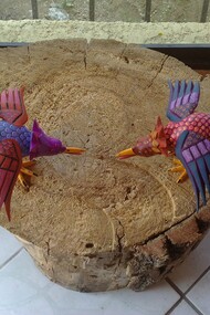 Para salvarme necesito un nivel de agua suficientemente elevado para que me haga flotar hasta alcanzar la superficie y poder asirme al brocal.  Dos pájaros. Alebrijes de San Antonio Arrazola, Oaxaca, México