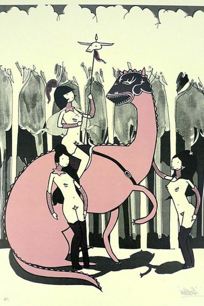 Kid Acne “Dragon Girls” (2007), 2-colour silkscreen on 250gsm recycled paper, 20″ x 27.5″ (51 x 70cm), A/P #10 signed & embossed (Edition of 50)