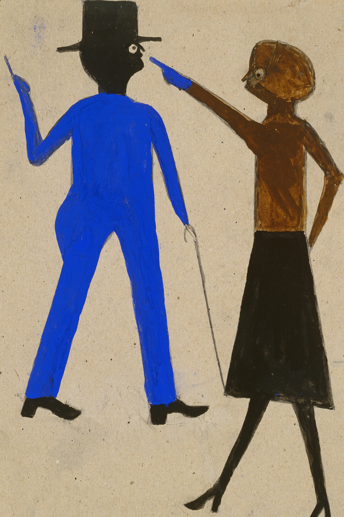 Bill Traylor, Woman Pointing at Man with Cane, 1939-1942. Poster paint and pencil on cardboard, 17 1/8 x 11 1/8 inches