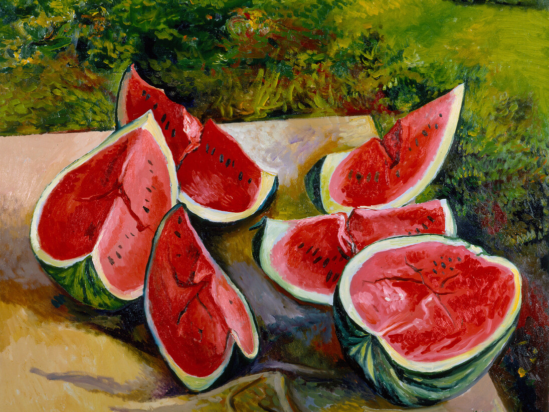 Renato Guttuso, Watermelons, 1986, Oil on canvas, 90 x 100 cm, Courtesy Galleria d’Arte Maggiore, Bologna