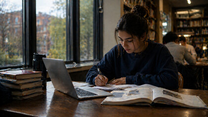 A young woman focused on her assignment, surrounded by textbooks and a laptop, symbolising the combination of traditional and digital education