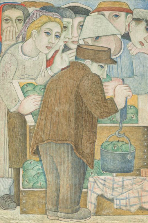 Miné Okubo, Grocer weighing produce (detail), 1940. Courtesy of Pennsylvania Academy of the Fine Arts