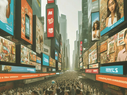 People weave through crowded streets, their attention divided between the world around them and an endless stream of digital content, reflecting how media manipulation often drowns out meaningful, authentic engagement