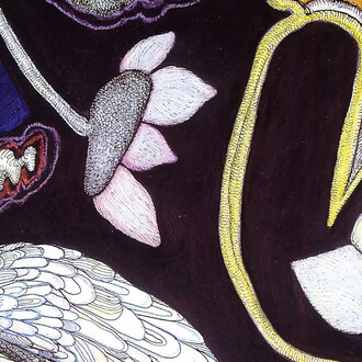 Jogen Chowdhury, Swan and lotus love, 2023. Courtesy of Dhoomimal Gallery