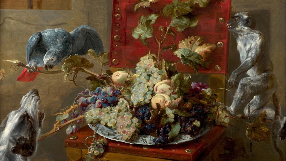 Frans Snyders, Fruit plate on a chair surrounded by a parrot, a monkey, and a dog. Courtoisie de Artcurial