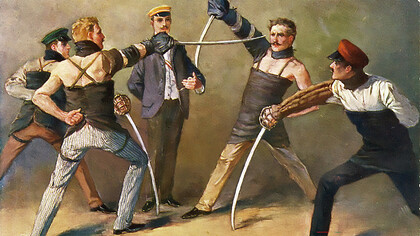 Sabre duel of German students, around 1900, painting by Georg Mühlberg (1863–1925)
