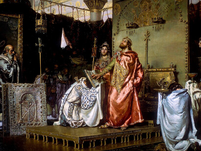 This depicts the moment when King Reccared, and Visigothic Spain, adopted Catholicism as the state religion; the course of Iberian history would forever be changed. Conversion of Reccared to Catholicism by Antonio Muñoz Degrain (1888); Palace of the Senate, Madrid