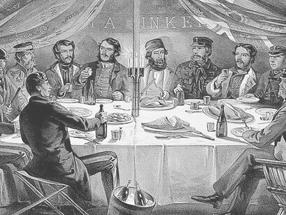 Crimean War, Sebastopol: Christmas Dinner before the Battle of Sebastopol. Tinted lithograph by J.A. Vinter, 1855, after W. Simpson
