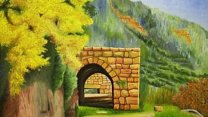 Painting titled "Old House Ruin, Wadi Qadisha, Lebanese Valley" by George Matta