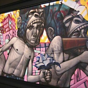 John Park, “Emergency Procedures” (detail), mixed media on wood, 60″x 48″