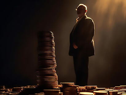 One businessman standing on coins reflecting success