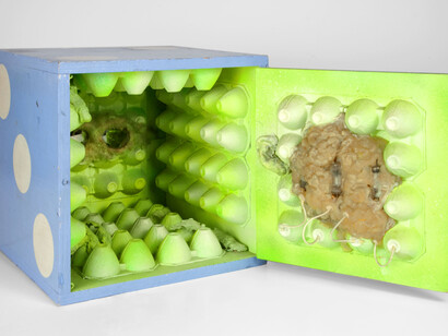 Tetsumi Kudo, Votre Portrait T, 1965 – 1966, Wood, paint, plastic, egg carton, wire and cotton, 29.8 x 29.8 x 29.7 cm / 11 3/4 x 11 3/4 x 11 3/4 in. Photo Jessica Eckert © Estate of Tetsumi Kudo, ADAGP, Paris, ARS, New York and DACS, London 2015, Hiroko Kudo. Courtesy Hauser & Wirth and Andrea Rosen Gallery


