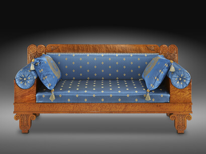 Sofa, about 1825, Philadelphia, Pennsylvania, Curly maple (secondary woods: ash and poplar), 33 1/8 in. high, 71 3/4 in. long, 22 3/8 in. deep. Photo credit: Jon Van Gorder