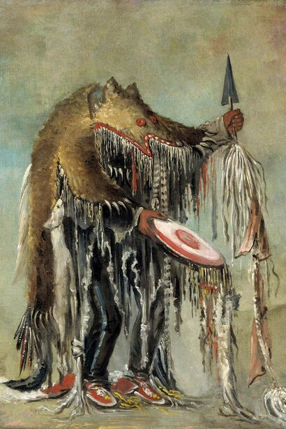 Healer des Stammes Nez Perce während der Durchführung seine Geheimnisse eines Sterbenden. Gemälde von George Catlin, 1832