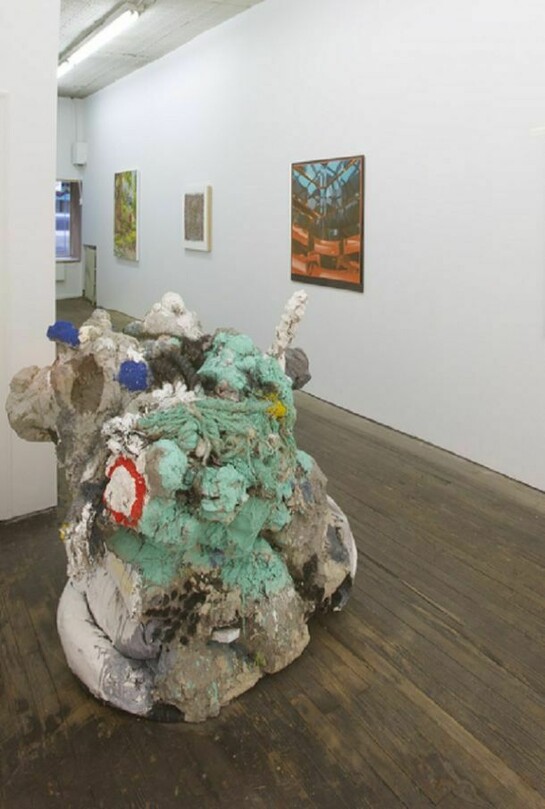 Installation view: Inaugural Group Exhibition at 34 Orchard Street, September 8 - October 20, 2013. L to R: Vera Iliatova, Natasha Bowdoin, Joe Pflieger, Mark Schubert (sculpture)