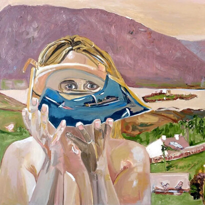 Gairdín Rós, Self-portrait with a domestic iron in front of a cottage on Inishturk, 2023. Courtesy of Olivier Cornet Gallery