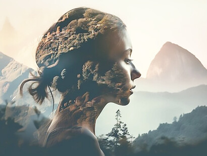 A youthful woman stands atop a mountain peak, radiantly smiling as she revels in the triumph of reaching the summit