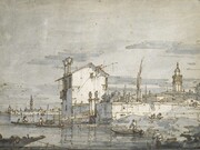 Giovanni Antonio Canal, known as Canaletto (1697‒1768), An Island in the Lagoon, Pen, brown ink with grey wash over ruled pencil lines on blue paper, 20 x 27.9 cm © Ashmolean Museum, University of Oxford