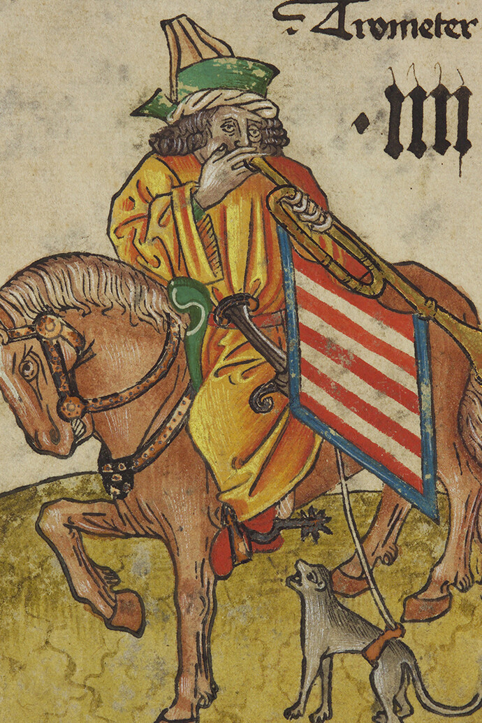 (Trumpeter) of Hungary, from The Courtly Household Cards (Das
Hofämterspiel)
German, Upper Rhineland, ca. 1450
Woodcut on paper (pasteboard) with watercolor, opaque paint, pen and ink, and tooled
gold and silver
5 ½ × 3 15/16 in. (14 × 10 cm)
Kunsthistorisches Museum Wien, Kunstkammer (KK 5088)
Image: © Kunsthistorisches Museum, Vienna