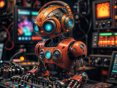 A humanoid robot producing music at a mixing console, representing the machine’s growing role in creative expression