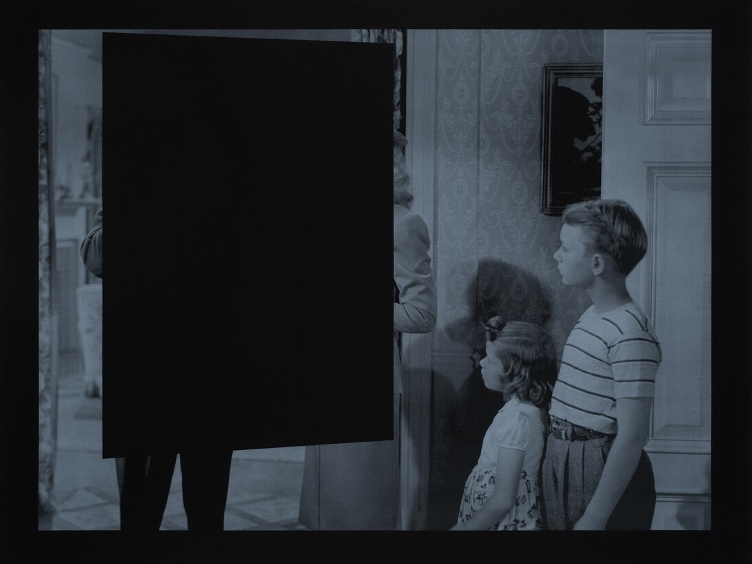 John Stezaker, Untitled, 2015, Silkscreen on black cotton, 64 9/16 x 80 11/16 in. (164 x 205 cm), Courtesy of The Approach, London