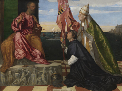 Tiziano Vecellio dit Titien, Le Pape Alexandre Vi Présente Jacopo Pesaro À Saint Pierre, 1502-1510, Huile sur toile - H.147,8 ; L.188,7 cm, Anvers, Musée royal des Beaux-Arts © Lukas-Art in Flanders vzw, photo Hugo Maertens
