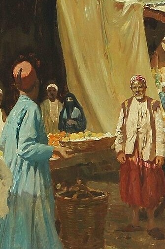 John Gleich, "Escena en un bazaar del Norte de África", óleo sobre lienzo, principios del siglo XX