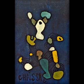Gaston Chaissac, Composition fond bleu nuit, 1962-1963, oil on paper mounted on canvas, 39x25 1/4 inches, 99 x 64 cm. Courtesy of Michael Werner Gallery, New York and London
