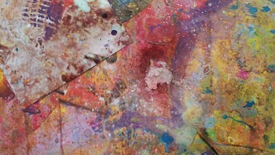 Peter Lamb, Falling rock purple smoke, 2013, photograph, acrylic, powder and spray paint, 90 x 67 cm