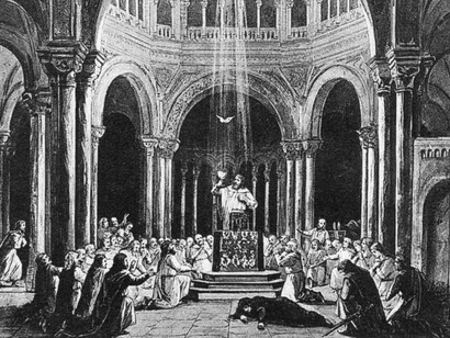 Final del acto III en la producción original de 1882; diseño de Paul von Joukowsky