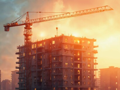 A skyline under construction against a warm dusk sky, representing the the fusion of engineering precision and environmental response
