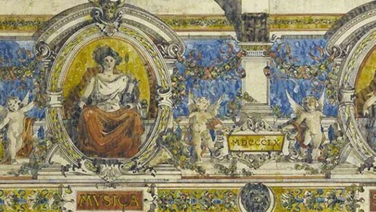 Luca Beltrami, Palazzo della Permanente, loggia del primo piano. Particolare della decorazione, 1885, inchiostro nero, matita e acquerello su carta da lucido su cartoncino, 327 x 491 mm, Milano, Civico Gabinetto dei Disegni, inv. RB 1645