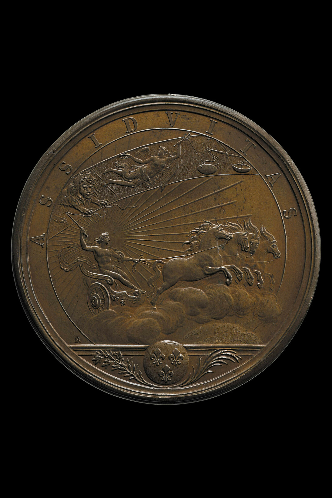 Hard Work, Designed by Renaudot, 1661, Louis is represented as Apollo, driving the chariot of the sun which brings light to every part of the earth © The Trustees of the British Museum

