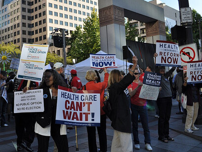 Rally for healthcare reform at Westlake Park in Seattle, Washington, USA, on September 3, 2009, advocating for changes to the healthcare system