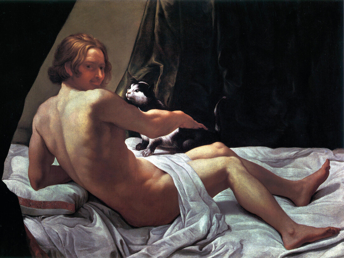 Giovanni Lanfranco, Jeune homme nu sur un lit avec un chat, 1620-1622, Huile sur toile, 60 x 113 cm, Angleterre, Collection particulière © Ariccia, Palazzo Chigi, archivio fotografico